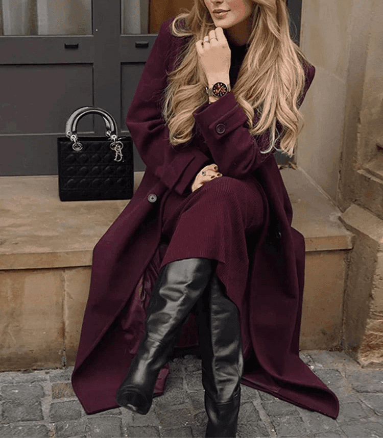 Elegant Bordeaux Lapel Mix Maxi Overcoat by Lifestyle Haven