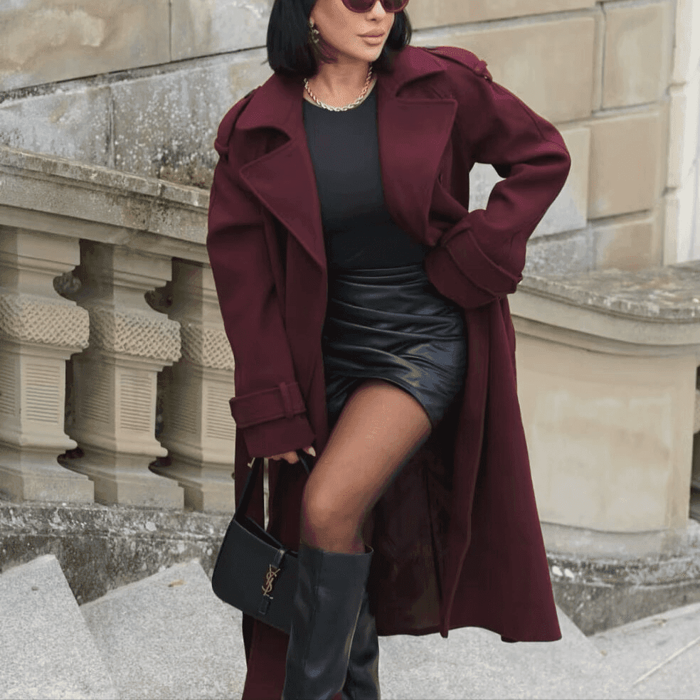 Elegant Bordeaux Lapel Mix Maxi Overcoat by Lifestyle Haven
