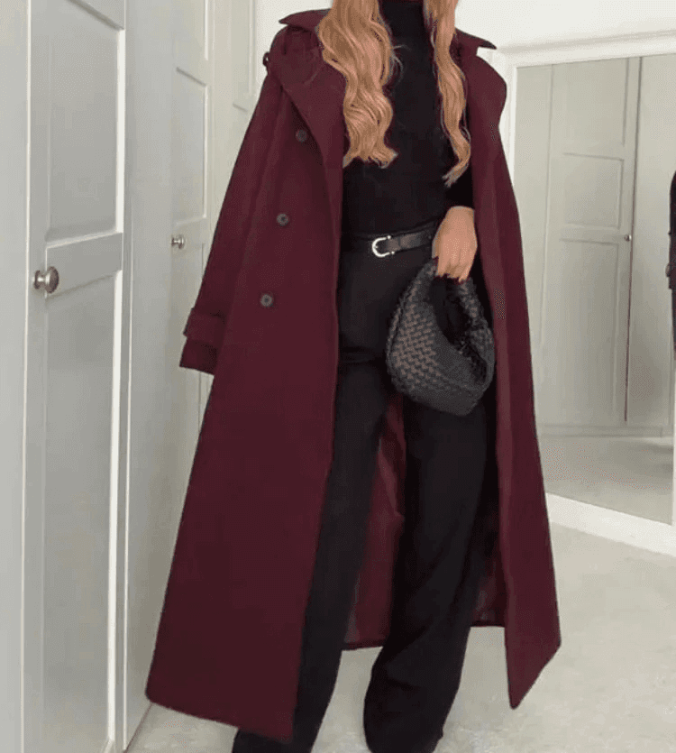 Elegant Bordeaux Lapel Mix Maxi Overcoat by Lifestyle Haven