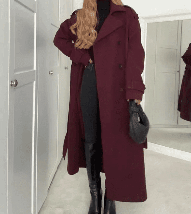 Elegant Bordeaux Lapel Mix Maxi Overcoat by Lifestyle Haven